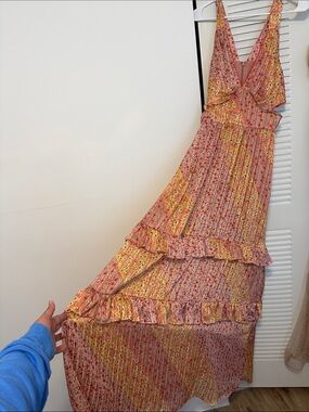 Floral Pink and Yellow Tiered Maxi Dress with V-Neck